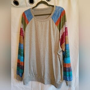 Heathered Grey Top With Colorful Striped Long Sleeves Women's. Size 5xl.